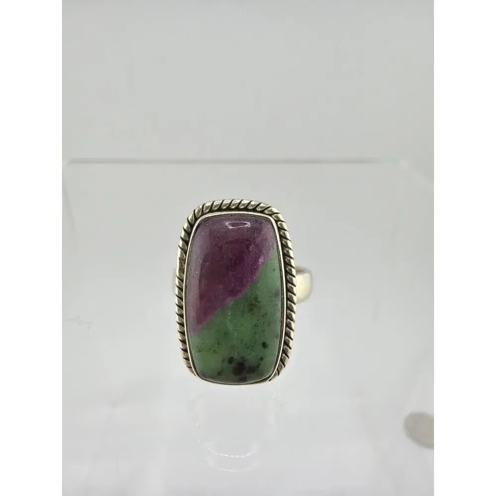 Rectangular Ruby-Zoisite Twisted Rope Border 925 Sterling Silver Ring Size 7